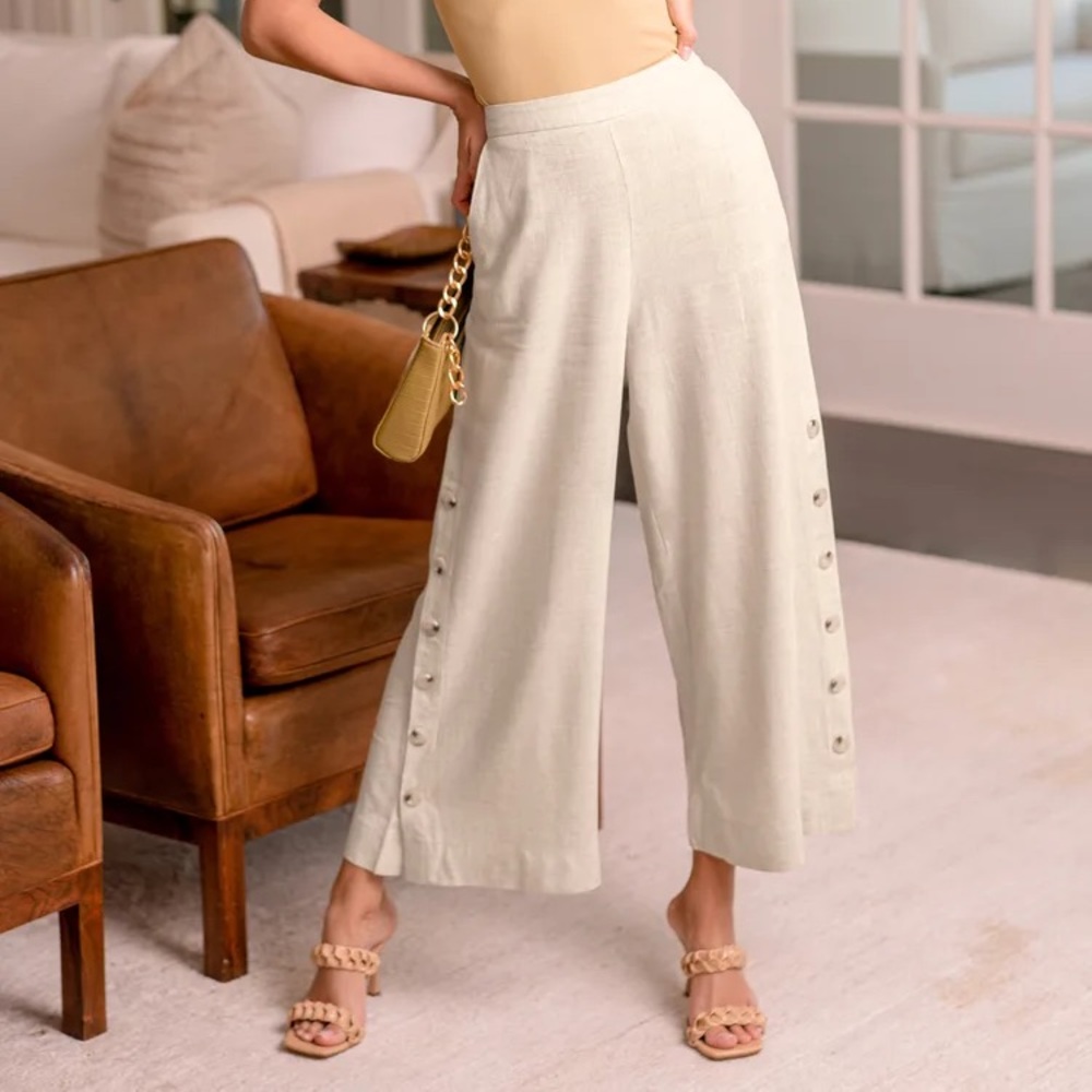 Lulus Tropical Resort Beige Wide-Leg Side Button Pants